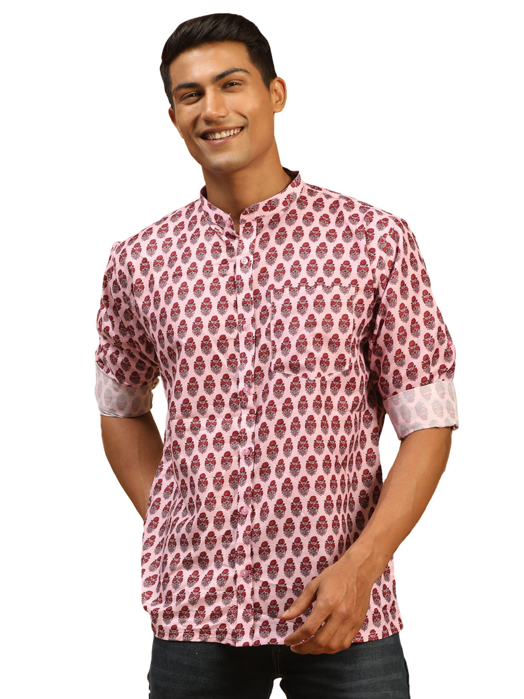 Vastramay Men's Pink Muslin Ethnic Shirt - Distacart