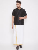 Thumbnail for Vastramay Men's Black and White Silk Blend Shirt And Mundu - Distacart