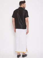 Thumbnail for Vastramay Men's Black and White Silk Blend Shirt And Mundu - Distacart