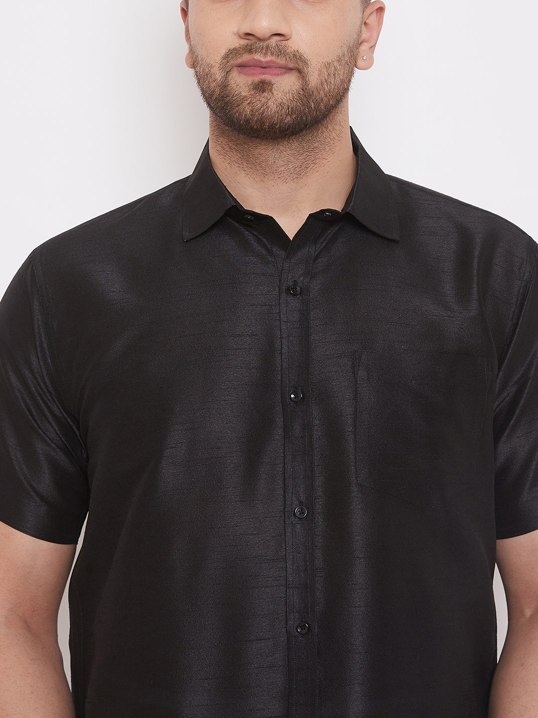 Vastramay Men's Black and White Silk Blend Shirt And Mundu - Distacart