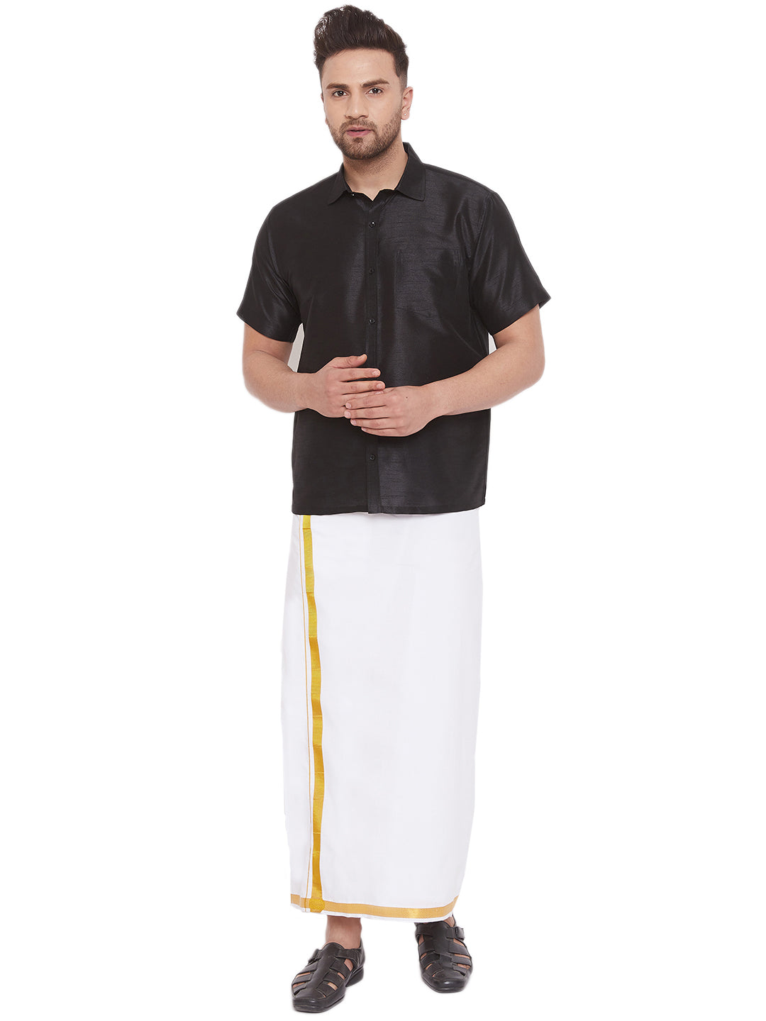 VM by Vastramay Men's Black And White Silk Blend Shirt And Mundu - Distacart