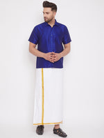 Thumbnail for Vastramay Men's Blue and White Silk Blend Shirt And Mundu - Distacart