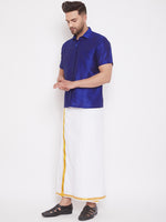 Thumbnail for Vastramay Men's Blue and White Silk Blend Shirt And Mundu - Distacart