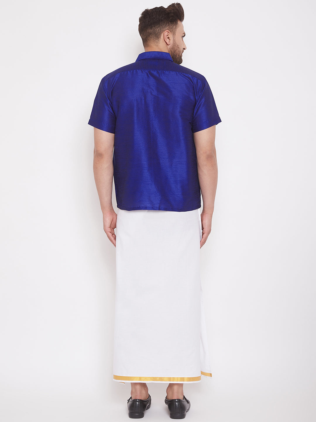 Vastramay Men's Blue and White Silk Blend Shirt And Mundu - Distacart