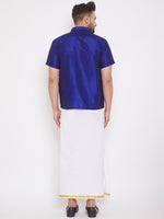 Thumbnail for Vastramay Men's Blue and White Silk Blend Shirt And Mundu - Distacart