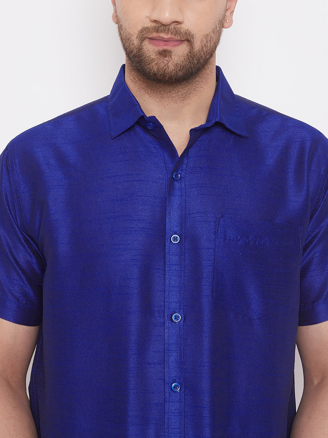Vastramay Men's Blue and White Silk Blend Shirt And Mundu - Distacart