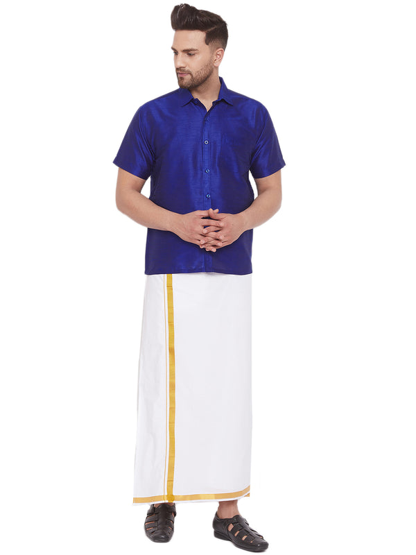 Vastramay Men's Blue and White Silk Blend Shirt And Mundu - Distacart