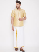 Thumbnail for Vastramay Men's Gold and White Silk Blend Shirt And Mundu - Distacart