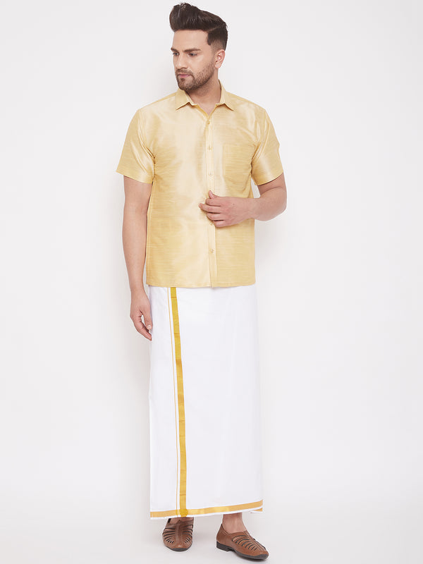 Vastramay Men's Gold and White Silk Blend Shirt And Mundu - Distacart