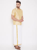 Thumbnail for Vastramay Men's Gold and White Silk Blend Shirt And Mundu - Distacart