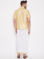 Thumbnail for Vastramay Men's Gold and White Silk Blend Shirt And Mundu - Distacart