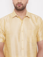 Thumbnail for Vastramay Men's Gold and White Silk Blend Shirt And Mundu - Distacart