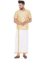 Thumbnail for Vastramay Men's Gold and White Silk Blend Shirt And Mundu - Distacart