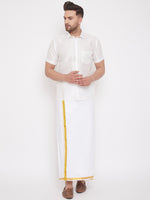 Thumbnail for Vastramay Men's White Silk Blend Shirt And Mundu - Distacart
