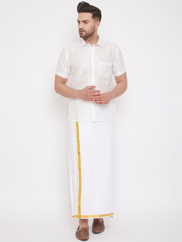 Vastramay Men's White Silk Blend Shirt And Mundu - Distacart