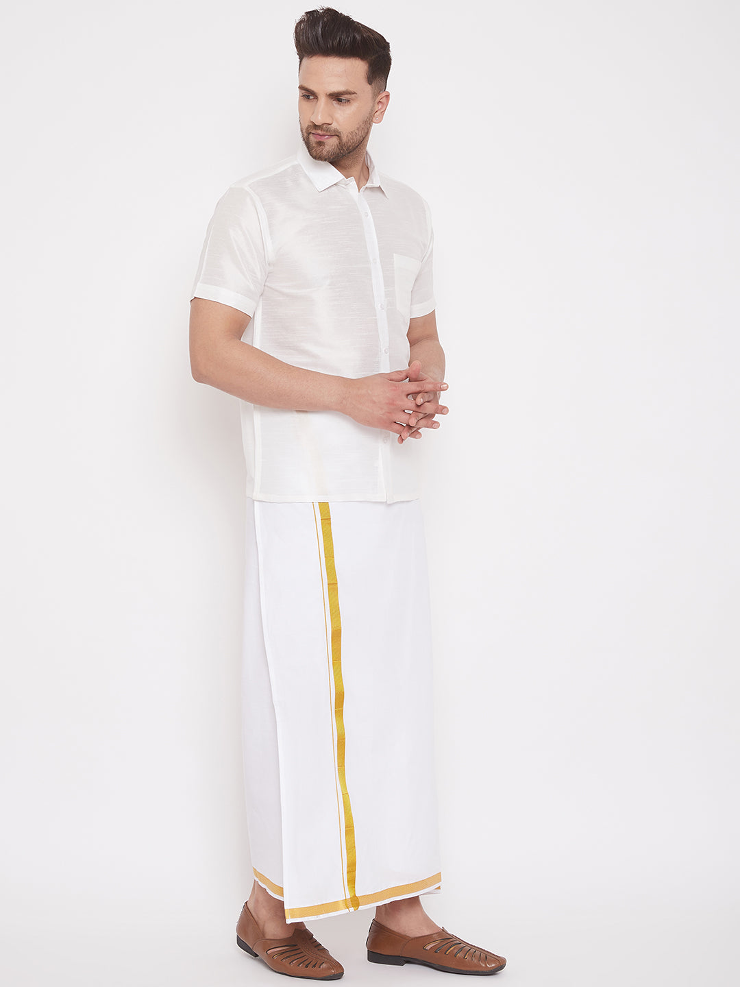 VM by Vastramay Men's White Silk Blend Shirt And Mundu - Distacart