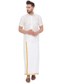 Thumbnail for VM by Vastramay Men's White Silk Blend Shirt And Mundu - Distacart