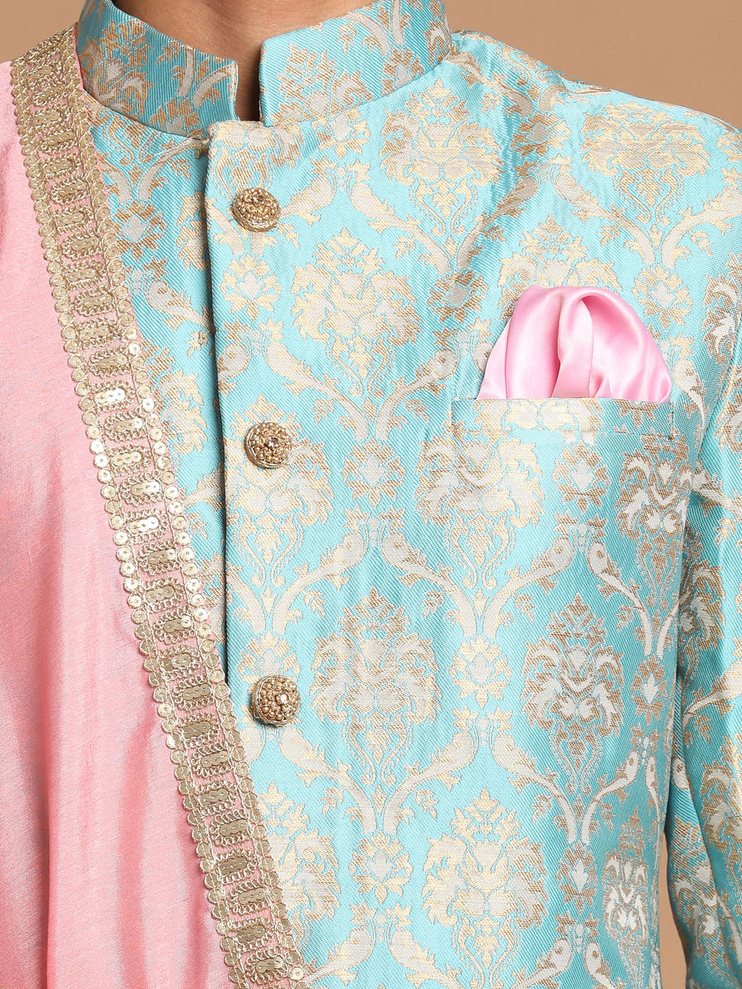 Vastramay Men's Aqua, Pink And Gold Silk Blend Sherwani Set - Distacart