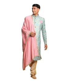 Thumbnail for Vastramay Men's Aqua, Pink And Gold Silk Blend Sherwani Set - Distacart