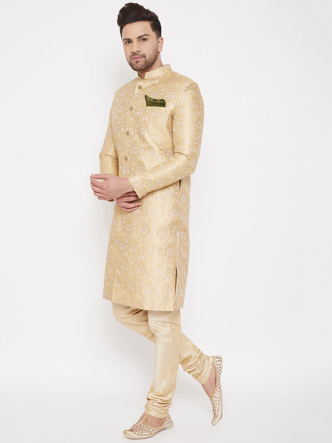 Vastramay Men's Gold Beige Silk Blend Sherwani Set - Distacart