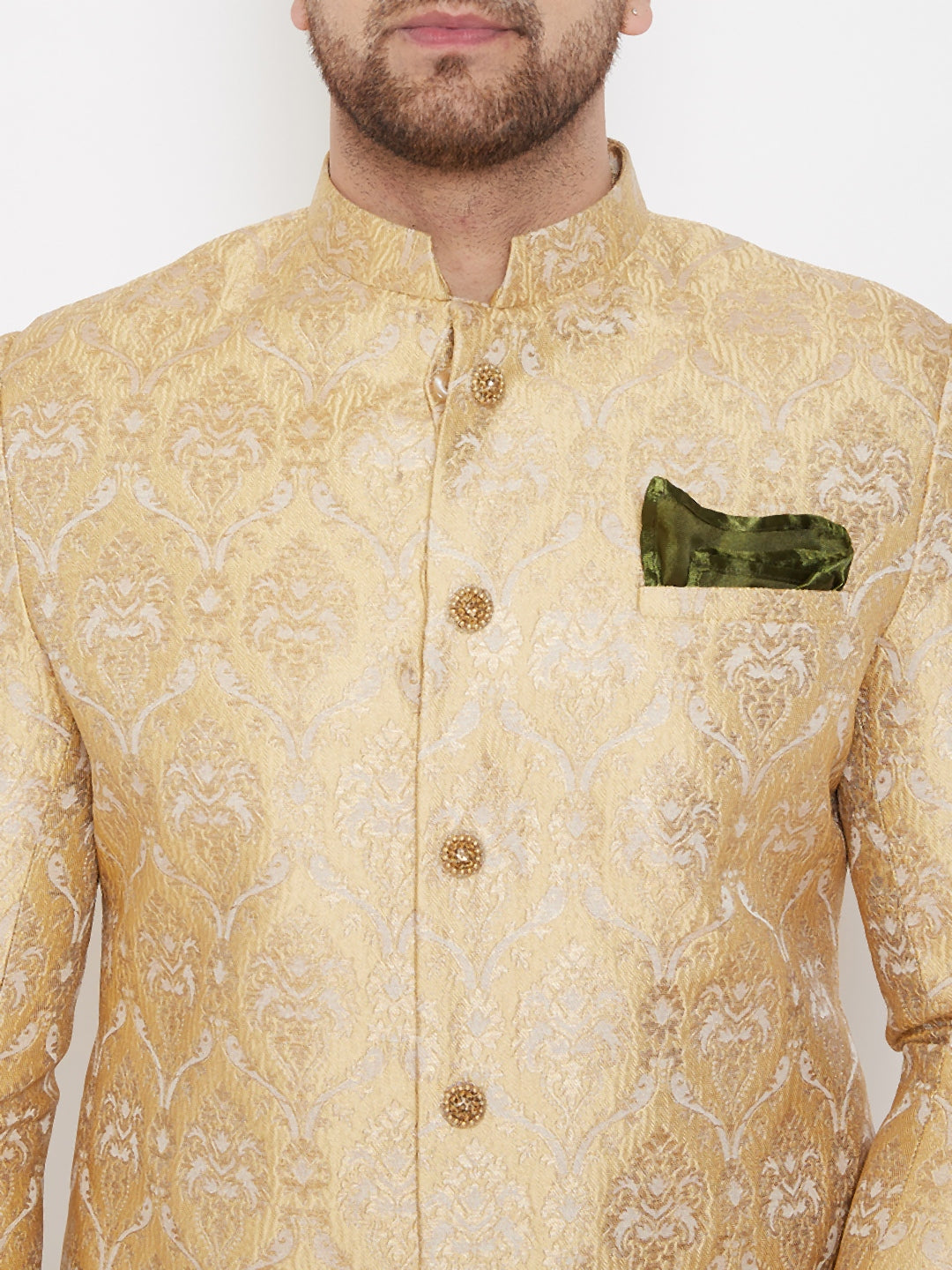 Vastramay Men's Gold Beige Silk Blend Sherwani Set - Distacart