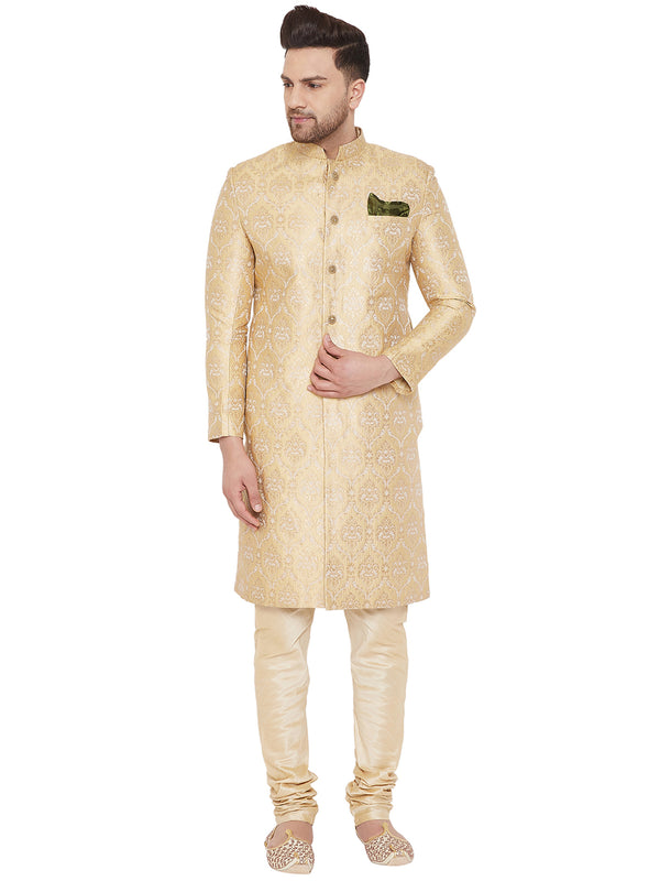 Vastramay Men's Gold Beige Silk Blend Sherwani Set - Distacart