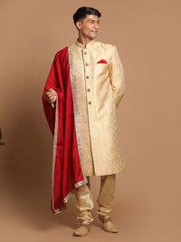 Thumbnail for Vastramay Men's Gold, Beige And Maroon Silk Blend Sherwani Set - Distacart