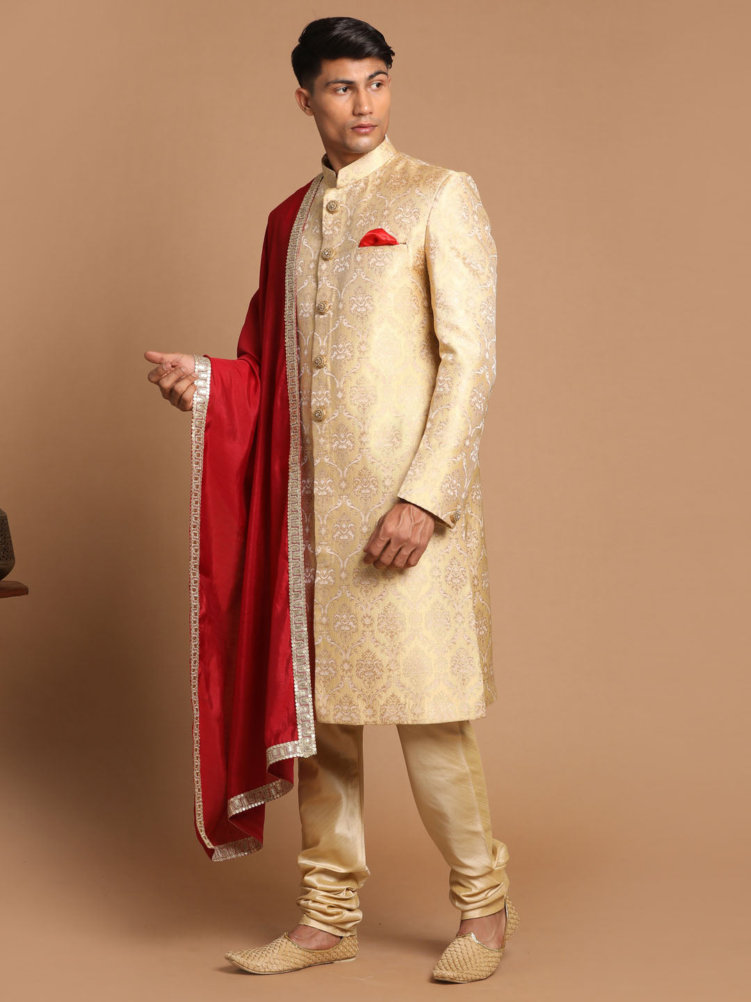Vastramay Men's Gold, Beige And Maroon Silk Blend Sherwani Set - Distacart