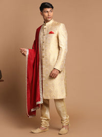 Thumbnail for Vastramay Men's Gold, Beige And Maroon Silk Blend Sherwani Set - Distacart