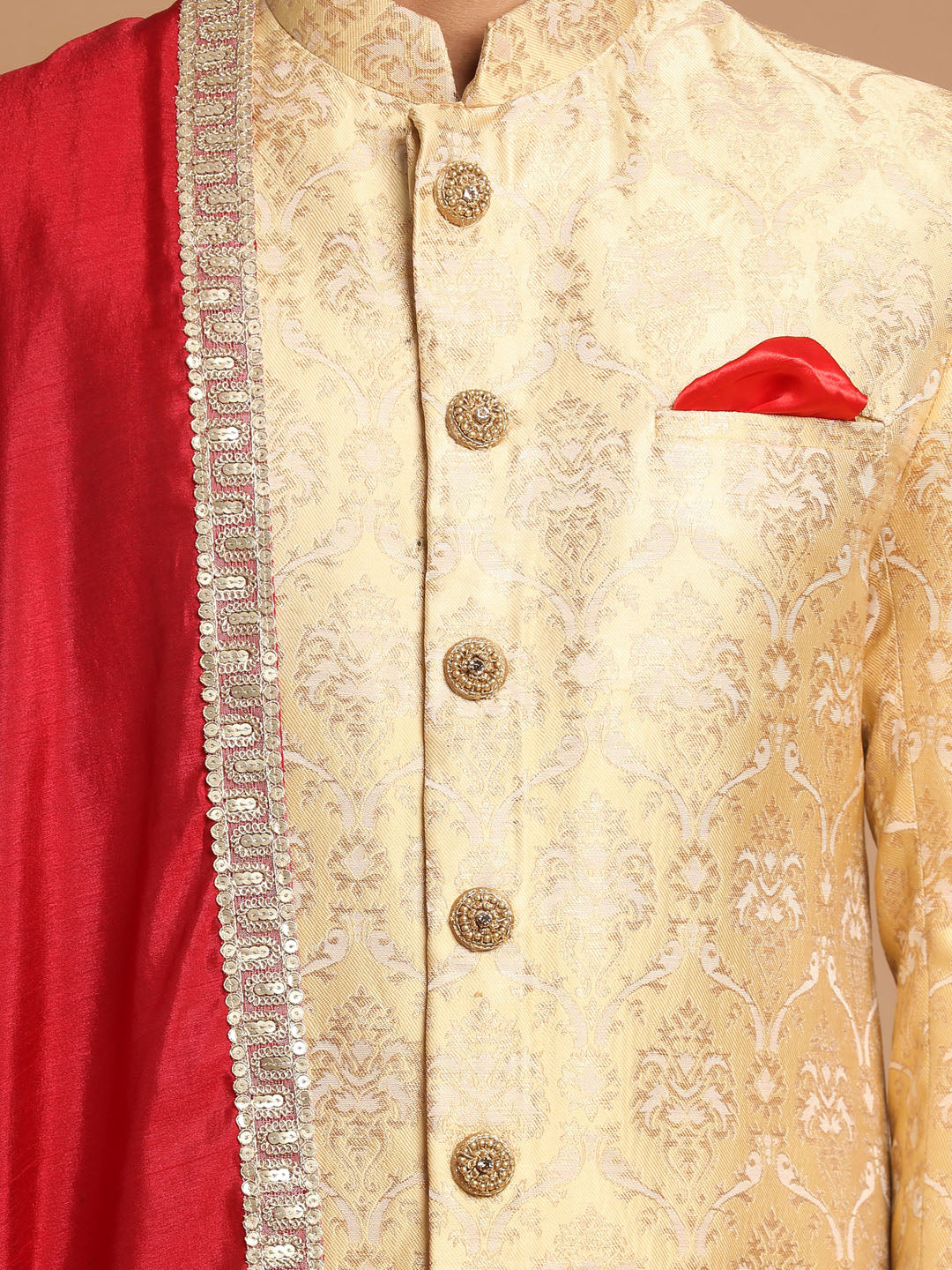 Vastramay Men's Gold, Beige And Maroon Silk Blend Sherwani Set - Distacart