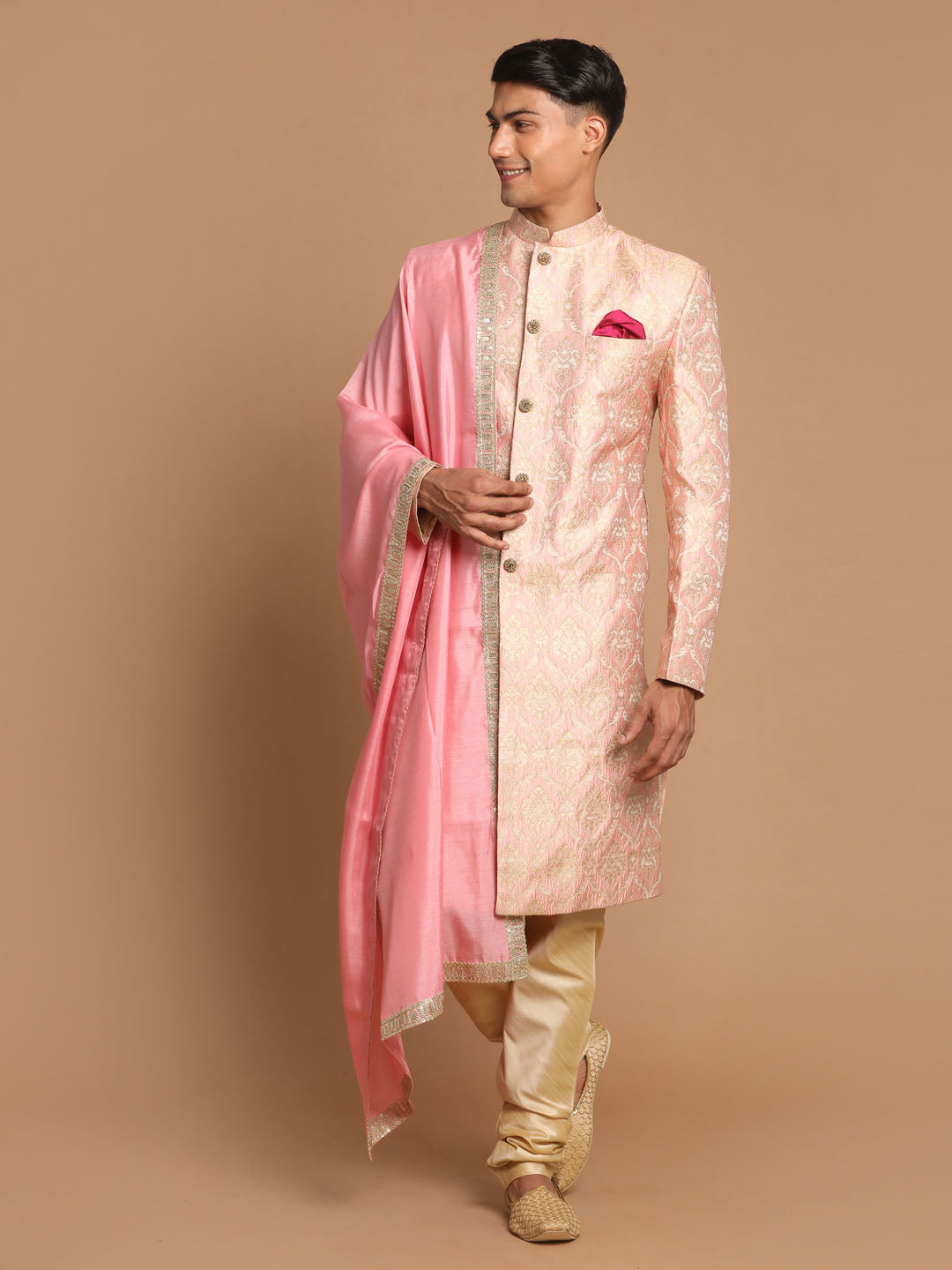 Vastramay Men's Pink And Gold Silk Blend Sherwani Set - Distacart