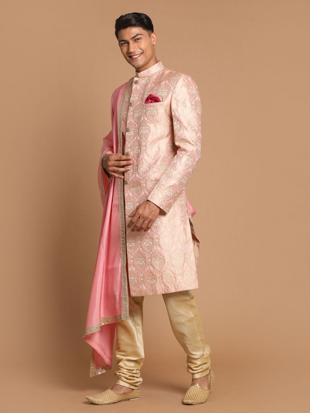 Vastramay Men's Pink And Gold Silk Blend Sherwani Set - Distacart