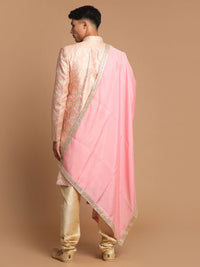 Thumbnail for Vastramay Men's Pink And Gold Silk Blend Sherwani Set - Distacart