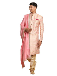 Thumbnail for Vastramay Men's Pink And Gold Silk Blend Sherwani Set - Distacart
