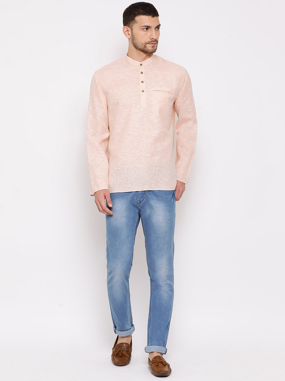 Vastramay Men's Peach Cotton Blend Short Kurta - Distacart