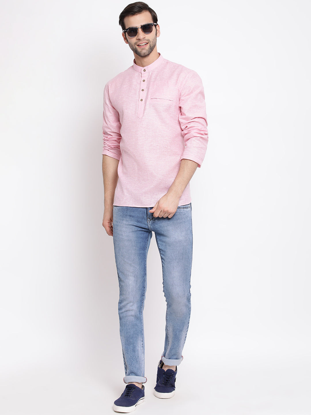 Vastramay Men's Pink Cotton Blend Short Kurta - Distacart