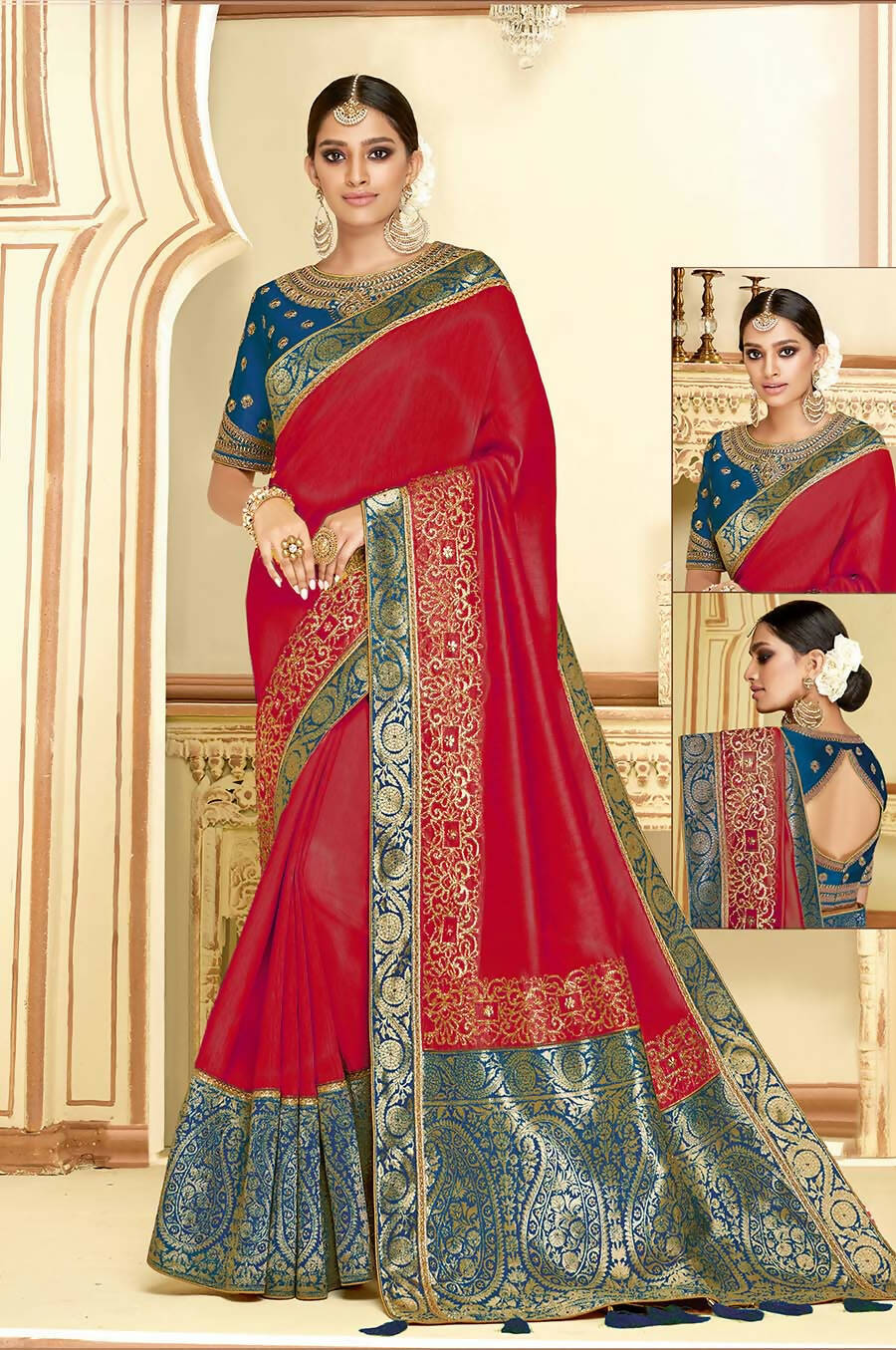 Red Satin Silk Zari Embroidery, Laser Cut Borders, Tassels Saree - Norita Alankrita - Distacart