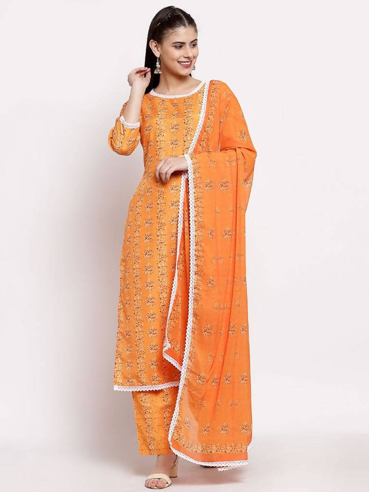 Myshka Women's Orange Cotton Printed 3/4 Sleeve Round Neck Casual Kurta Pant Dupatta Set