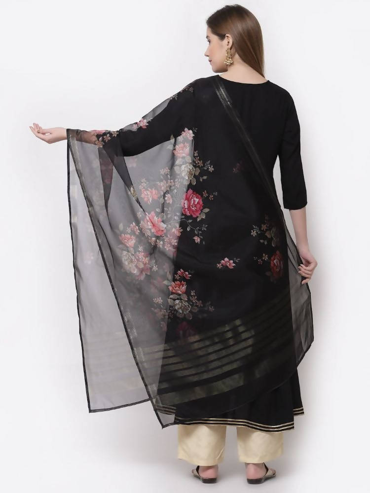Myshka Black Color Rayon Embroidered 3/4 Sleeve Kurta With Dupatta Set