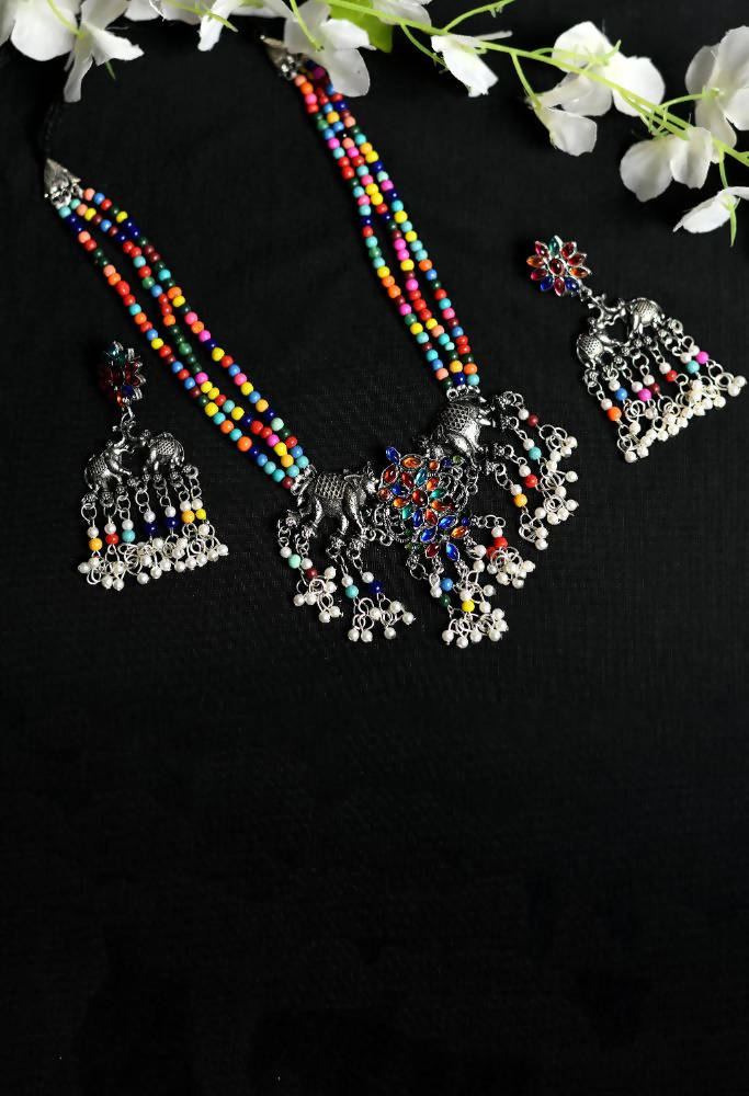 Tehzeeb Creations Multi Colour Oxidised Necklace And Earrings With Elephant Design