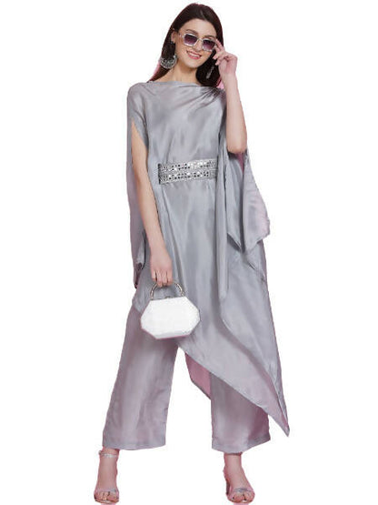 Women Republic Grey Opara Silk Kurta With Belt And Palazzo - Distacart