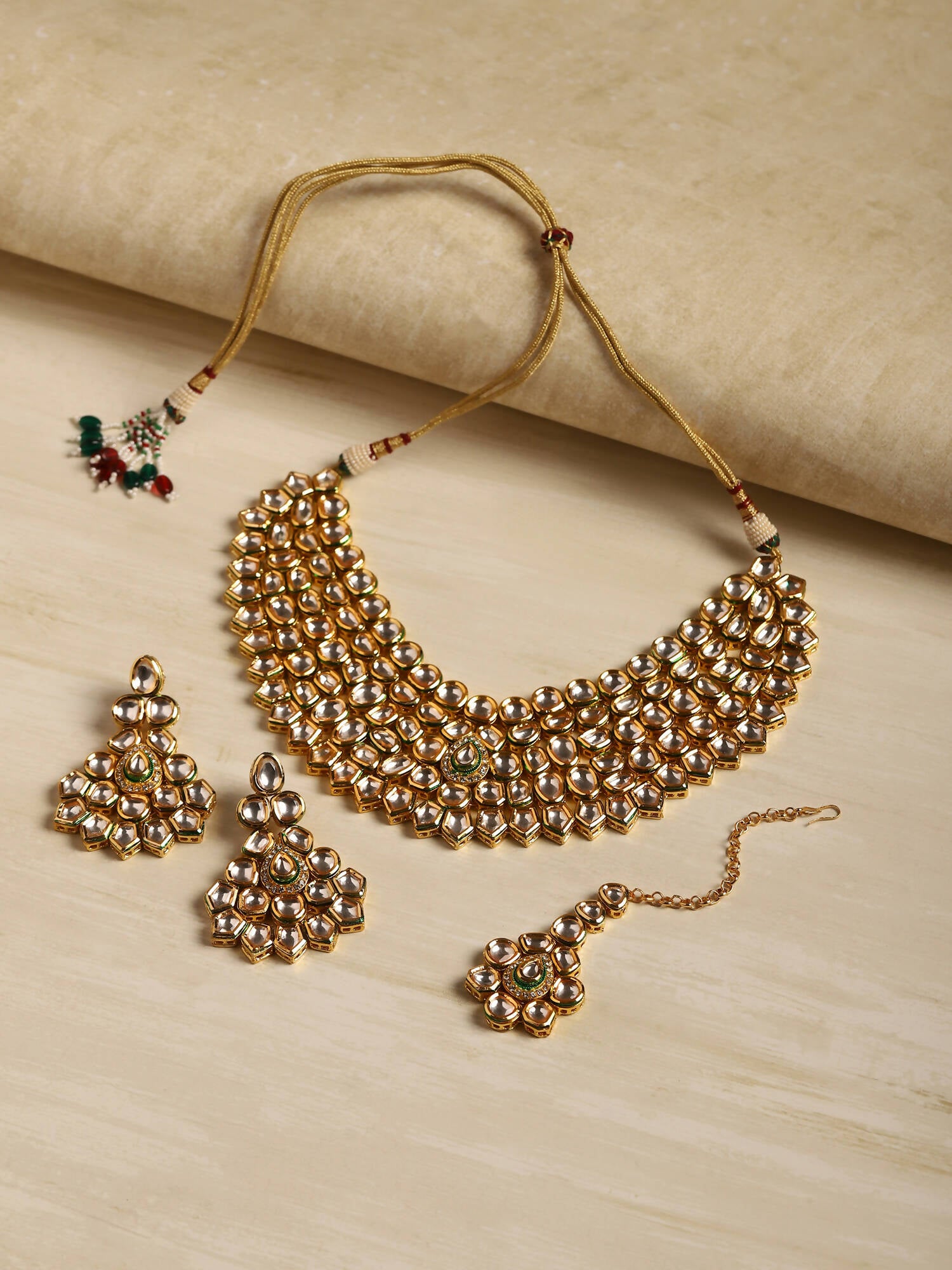Gold Plated Maharani Kundan Neckpiece With Earrings And Maang Tikka - Ruby Raang - Distacart