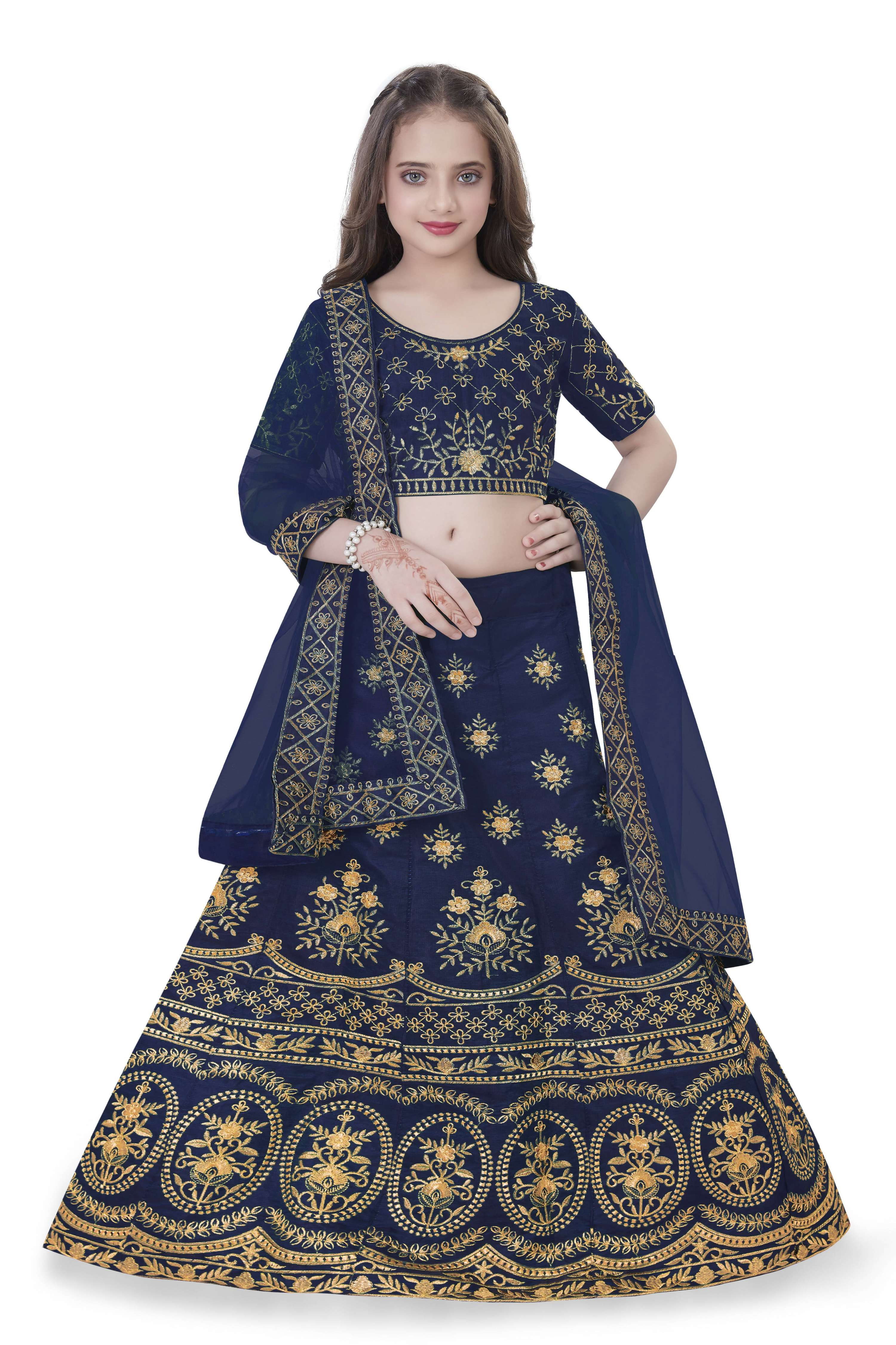 Dwiden Navy Blue Lehriyu Tafetta Sattin Semi-Stitched Girl's Lehenga Choli - Distacart