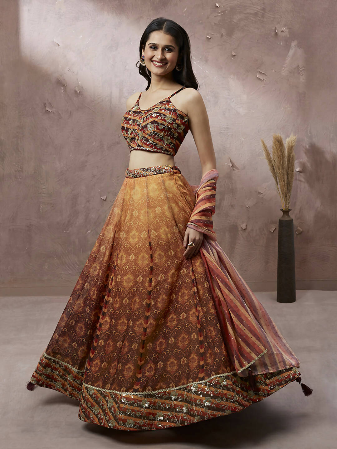 House of Panchhi Brown Organza Floral Print and sequinse work Lehenga choli & Dupatta - Distacart