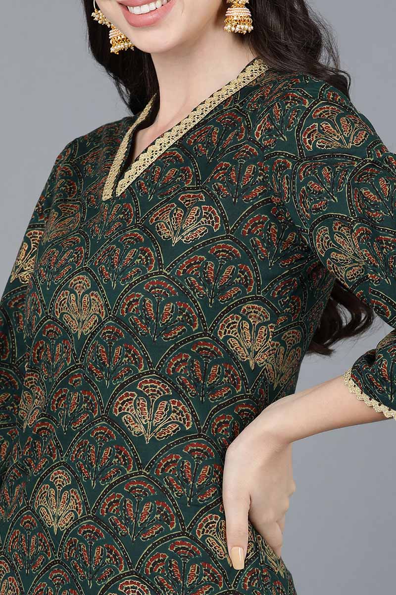 Women's Green Cotton Straight Kurta - Rasiya - Distacart