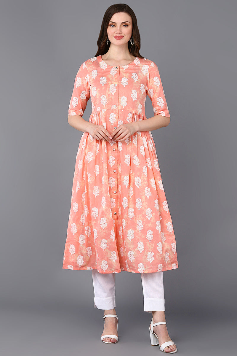 Women's Cotton Peach Floral Printed Flared Kurta - Rasiya - Distacart