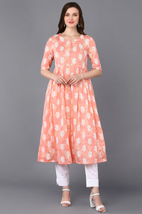 Thumbnail for Women's Cotton Peach Floral Printed Flared Kurta - Rasiya - Distacart