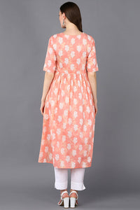 Thumbnail for Women's Cotton Peach Floral Printed Flared Kurta - Rasiya - Distacart