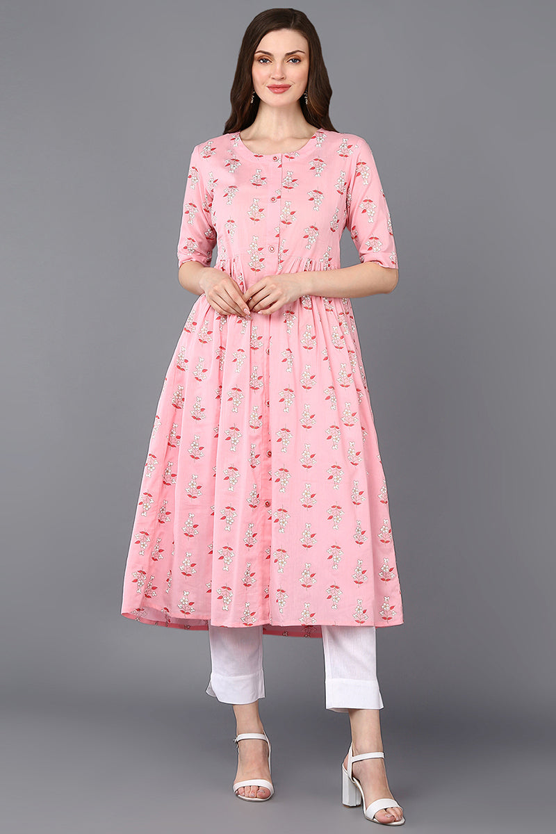 Women's Cotton Pink Printed Flared Kurta - Rasiya - Distacart