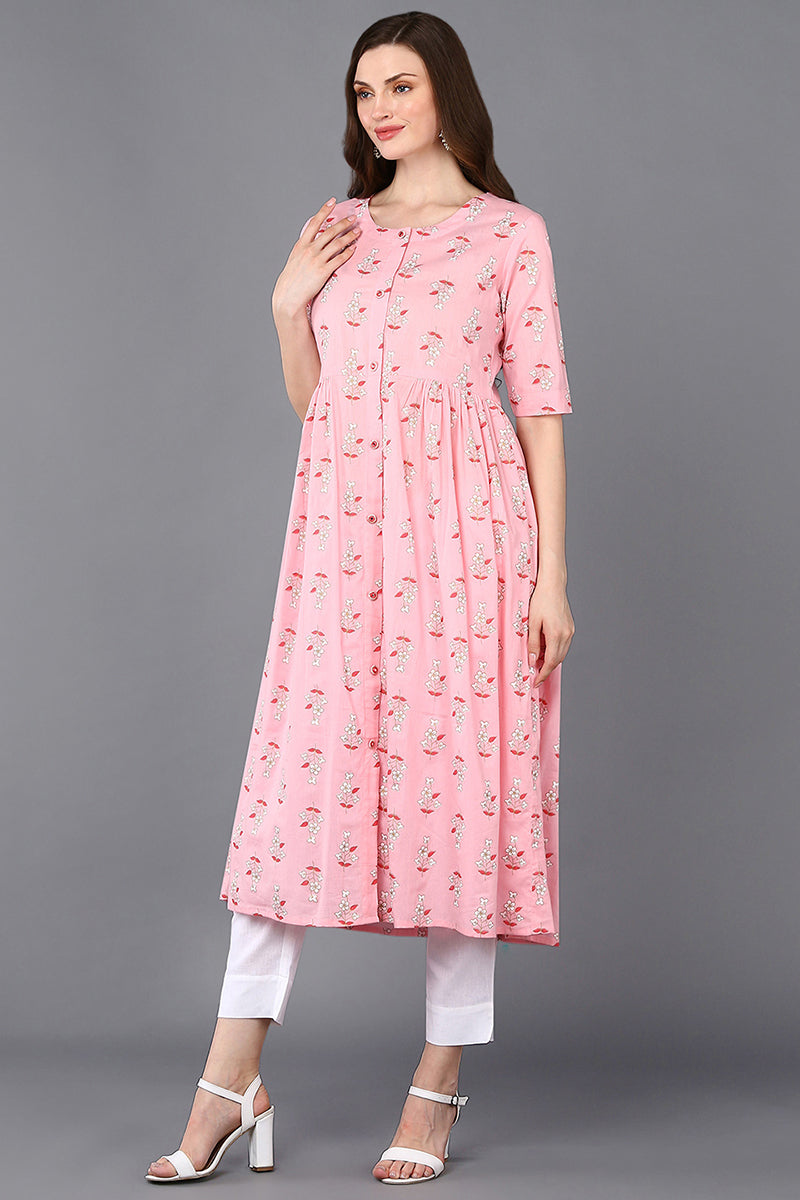 Women's Cotton Pink Printed Flared Kurta - Rasiya - Distacart
